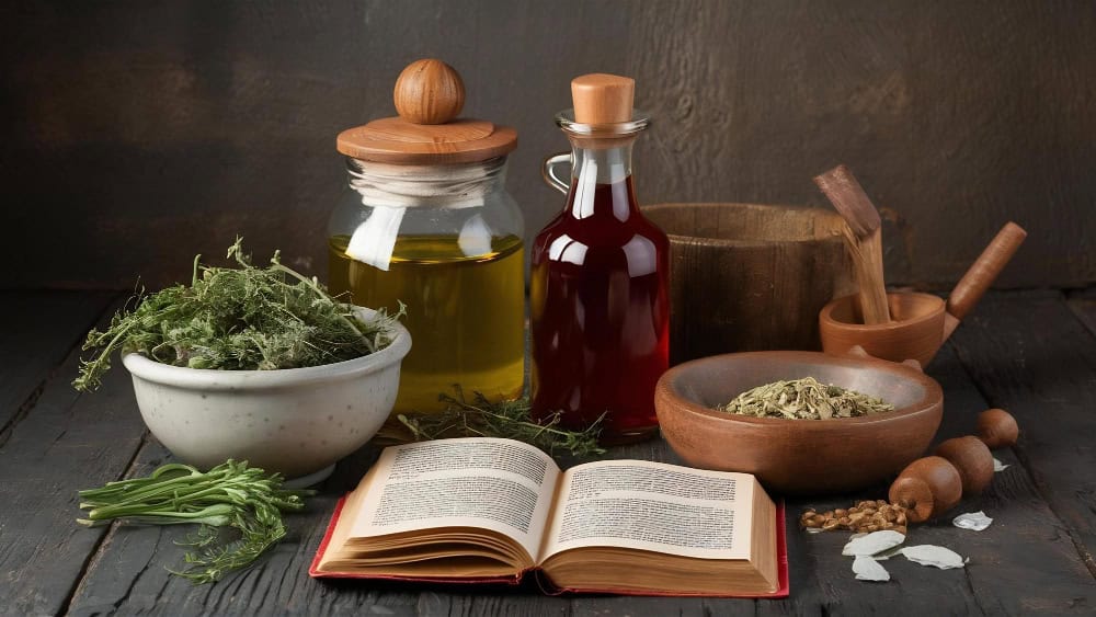 Essential Oils a book and herbs on a table