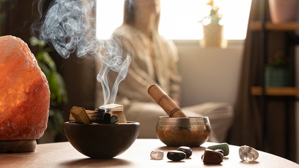 Holistic therapies, woman in the background with scents And essential oils