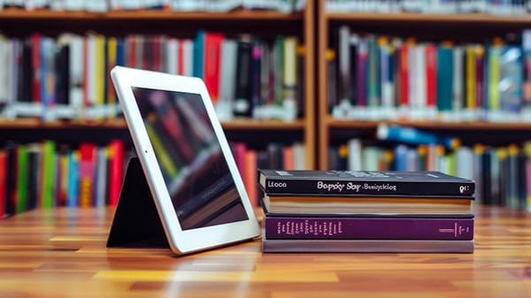 Explore and learn, shows a library of books and tablet.